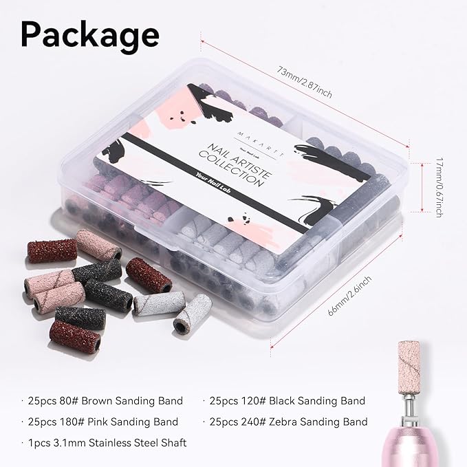 Makartt Nail Drill Bits Sanding Bands for Nail Drill, 100Pcs 4 Color Coarse Fine 80/120/180/240 Grit File Sand with 3.1mm Mini Mandrel Nail Bit Set for Acrylic Nails Gel Manicures and Pedicure