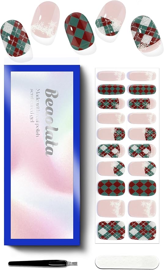Semi Cured Gel Nail Strips - UV Light Gel Nail Stickers - 20 Long Lasting Salon Quality Wraps (Christmas Cheer Plaid Red&Green)
