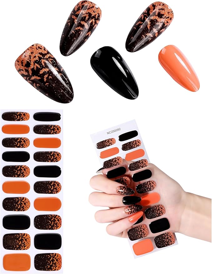 20pcs Halloween Semi Cured Gel Nail Strips - Salon Quality DIY Wraps,UV Needed