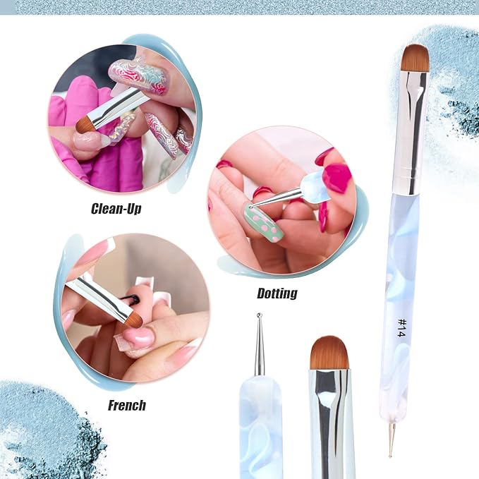 French Manicure Two-Way Nail Art Brush With Dotting Tool for Cuticle Clean Up and Design - Professional Salon Quality (14#, Blue)