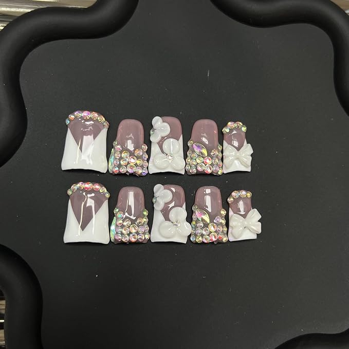 10pcs Handmade Press on Nails for Women - Medium Duck Curve 3D Thick Acrylic Fake Nails Reusable,Designer Floral Butterfly Rhinestones Bling Boho Funky Y2k Nail-art Set,XS,white
