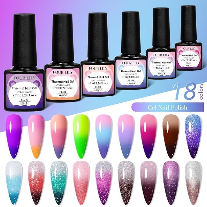 Color Changing Gel Nail Polish Set, 18 Colors Red Pink Glitter Blue Purple Mood Temperature Change Nail Polish Gel Set Soak Off Nail Art Gel DIY Salon Valentine's Day Manicure Gift
