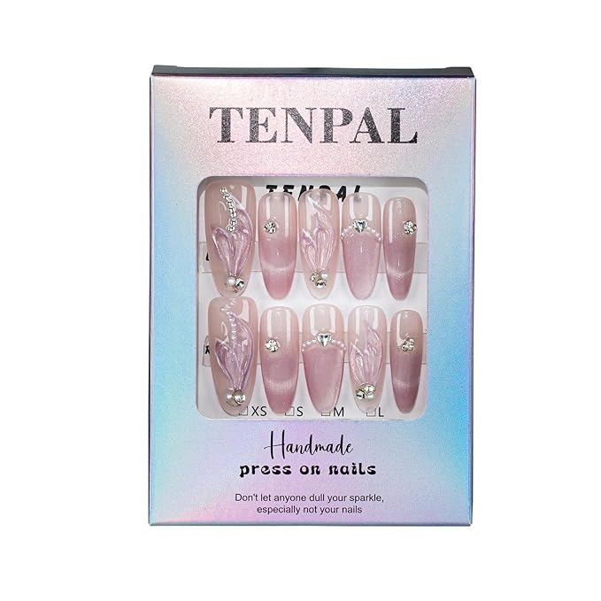 Gradient Purple Press on Nails Long Almond Cat Eye Mermaid Tail Designs Fake Nails Detachable Acrylic Shimmery Glitter False Nails with Tools Handmade Glossy Artificial Glue on Nails(L)