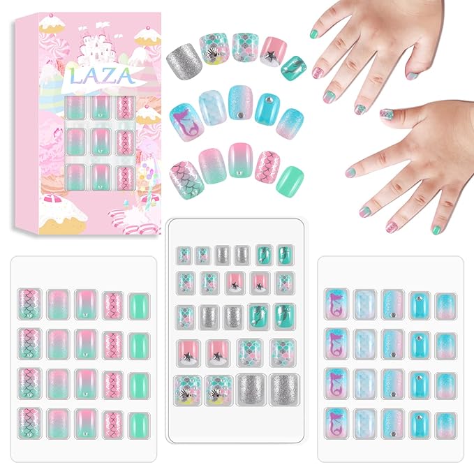 Laza 64pcs Children Nails Press On Pre-glue Full Cover Pink Green Blue Scale Shell Star Diamond Short False Nail Kits for Kids Teenager Girls - Pearl Mermaid