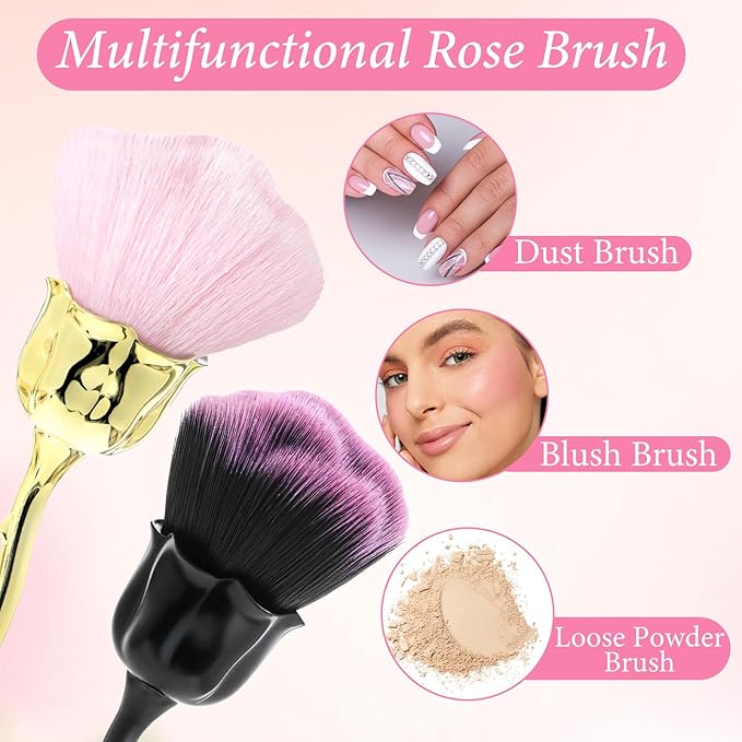 2PCS Nail Dust Brush Powder Remover Large Acrylic Nail Art Dust Brushes Rose-Shaped Fluffy Duster Brush for Nail Dust Collector Trimming Cleaning Makeup Brush Tools Pink Black