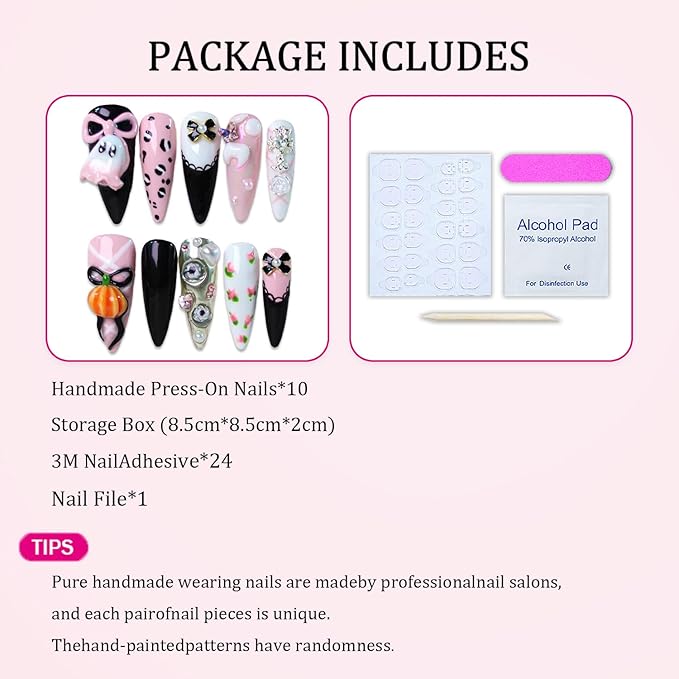 Handmade Press on Nails 3D Bow Pearl Art Desigen False Nails Reusable ABS Material Fake Nail Halloween Cartoon Little Ghost & Pumpkin Designs Cute Halloween Thicked Stick on Nails for Women (M)