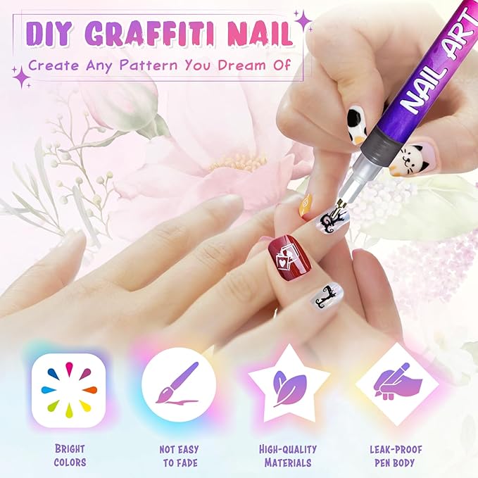 Nail Art Markers, Nail Art Pens for Painting Nails, 12 Colors Nail Art Pens Set with 0.5mm Fine Tip, Quick-Drying Nail Art Marker Pen for DIY Designs, Waterproof Nail Art Pen Kit for Home Salon Use