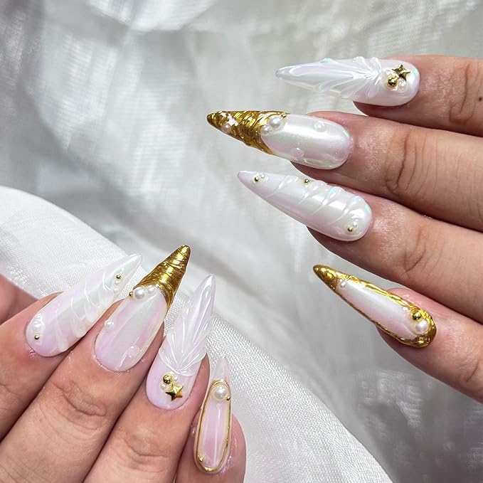 Luxury Handmade Press On Nails, Gold French Tip Long Almond Fake Nails for Women,Minimalist Metallic False Nails, Reusable Salon Quality Multilayer Gel Acrylic Fake Nails.