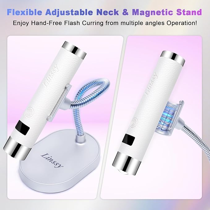 Mini UV Light for Nails with Auto Sensor & Gooseneck Stand,Portable Cordless Nail Lamp Flash Cure Lamp with LCD Display,Handheld UV Light for Gel Nails at Salon & Home Use (White)