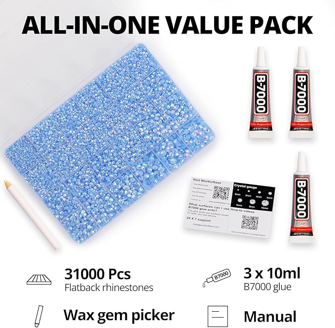 31000Pcs Baby Blue Resin Rhinestones for Bedazzling, 2-6mm Mixed Sizes Flatback Gems Crystal Jewels Diamonds Gemstones Stones with B7000 Glue for Crafting Clothes Nails