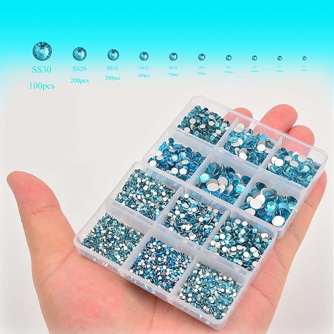 NCB 8000pcs Non Hotfix Rhinestones 10 Sizes Flatback Crystal Glass Rhinestones with Tweezers and Picking Pen for Nail Art Clothes Bags Phone Decorations Crafts DIY (004 Aquamarine Mix SS3-SS30)