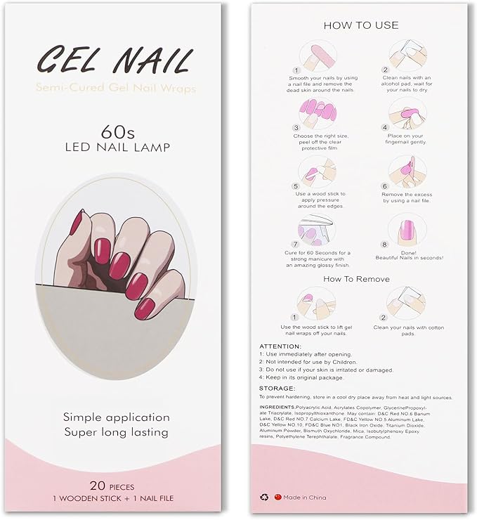 JMEOWIO Semi Cured Gel Nail Strips Dark Red Gel Nail Stickers Nail Supplies Nail Art Design Decoration Accessories