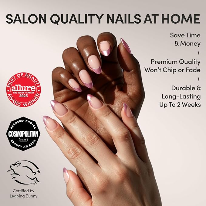 Glamnetic Press On Nails - Rock Candy Fake Nails | Trendy Short Almond Nails with Metallic Chrome Pink French Tips | 15 Sizes - 30 Nail Kit with Glue