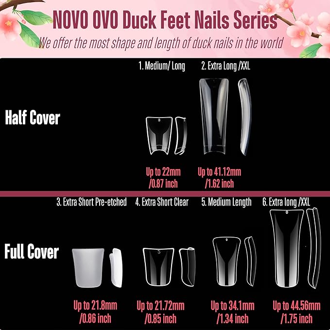 NOVO OVO 240 pcs Extra Long Duck Nail Tips Full Cover for Acrylic, Clear XL XXL Flare Feet Nails Press On, Y2K Vibe Wide French Soft Gel False Nail Extension for Art Salon x 12 Sizes in Box