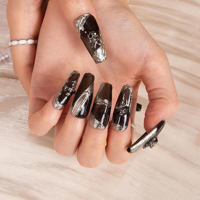 LOVFUL Press on Nails THE EDGE | Handmade with Full Covered Crystals | Reusable Full Cover Nails | Coffin Classic Regular 1.3 in | H283-S