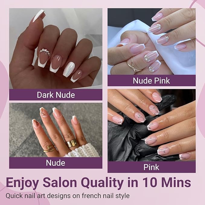 Gel French Tip Nails Short Coffin French Tip Press on Nails SXVME White French Nail Tips 300Pcs Pre-applied Tip Primer Natural Nude Pink Fake Nails Extensions Gel Nail Kit for Women Girls DIY
