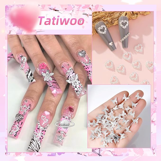 240 Pcs 3D Silver Nail Charms, Alloy Cross Star Crown Bows Nail Silver Charms, Shiny Planet Metal Nails Art Charms Snake Charm for Acrylic Nails DIY Y2K Accessories