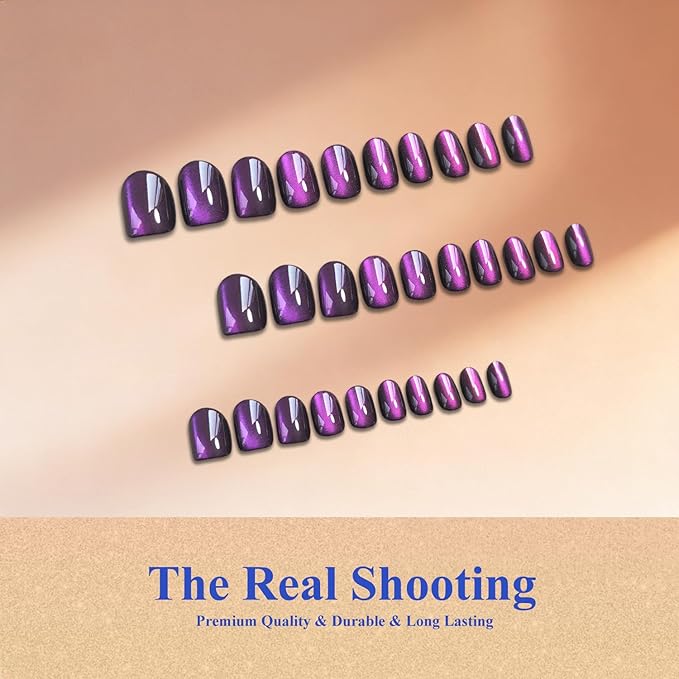Cat Eye Press on Nails Short, Chrome Press on Nails Oval, Thick Glazed Black Purple Fake Nails Press ons for Women Party Prom, Reusable Magnet Glitter Glue On Nails Almond in 15 Sizes, 30 Pcs