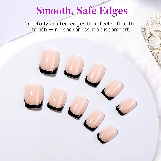 Luxbon Press On Nails with No-Cure Nail Glue and Tool Kit – French Manicure Glue On Nails 30-32pcs Full Size Set, Reusable Fake Nails for Women, Salon Look at Home, Black
