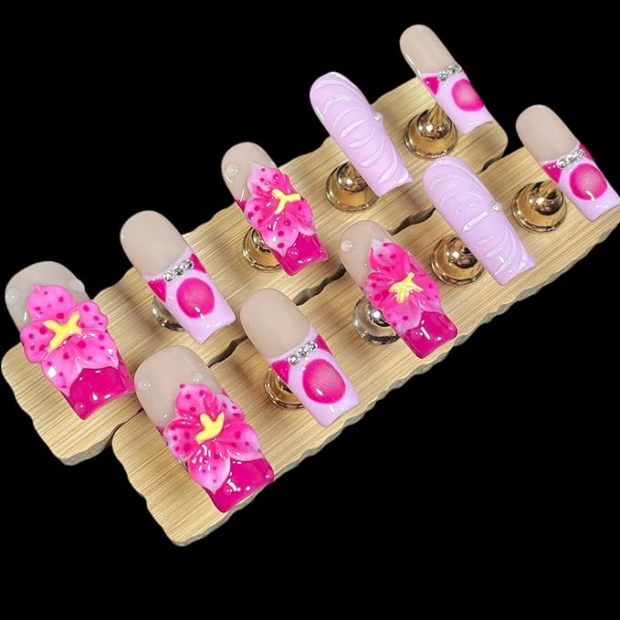 Handmade Press On Nails, Medium Long Square, 3D Floral Design, Nude Base with Rose Red Flowers, Rhinestone Accents, Reusable Acrylic False Nails (Duo Blossom, M)