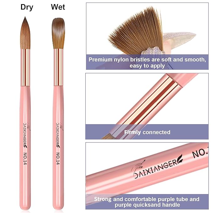 4PCS Rose Gold Acrylic Nail Brush Set,Size 10/12/14/16 Professional Nail Brushes for Acrylic Application Extension and 3D Carving for Nail Home Salon DIY