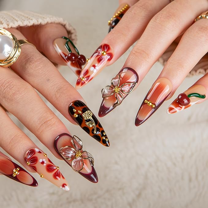 LOVFUL Short French Tip Press on Nails Vintage Cherry| Handmade Acrylic Press ons| Reusable Fake False Nails | Stiletto Classic Regular 1.3in | H722-M