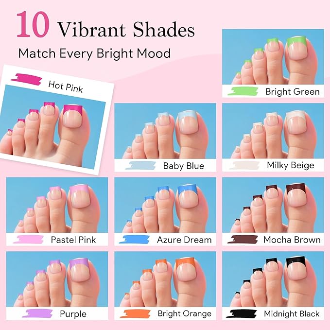 15 Sizes 300 PCS Press on Toenails for Women, 10 Rainbow Colors Fake Toe Nail Sharp Square, Brighter Pastel French False Nails Tip Pre-applied Primer& Base Coat, Need Builder Nail Gel& Top Coat
