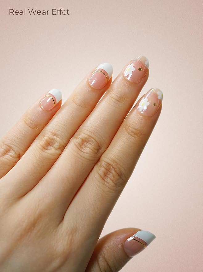 Real Gel Nail Strips (No UV Light Needed) - 44Pcs Salon Quality Nail Stickers - Long Lasting Polish Wraps for Women, Easy Apply & Remove (Blossom Nude)