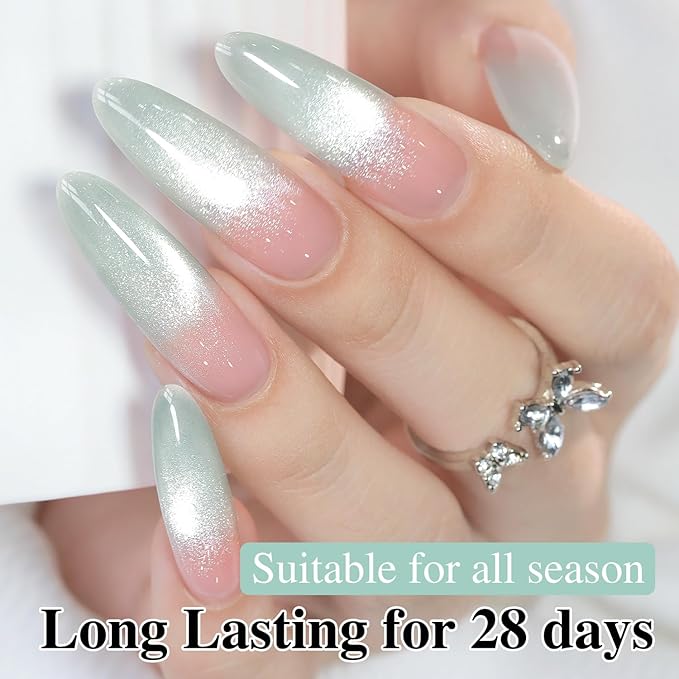 Double Rhythm 0.5 Oz Cat Eye Gel Polish with Magnet Same Color Same Bottle Holographic Glitter Shimmer Translucent Color Salon 15 ML Magnetic Nail Art (Light Green-MC1155)