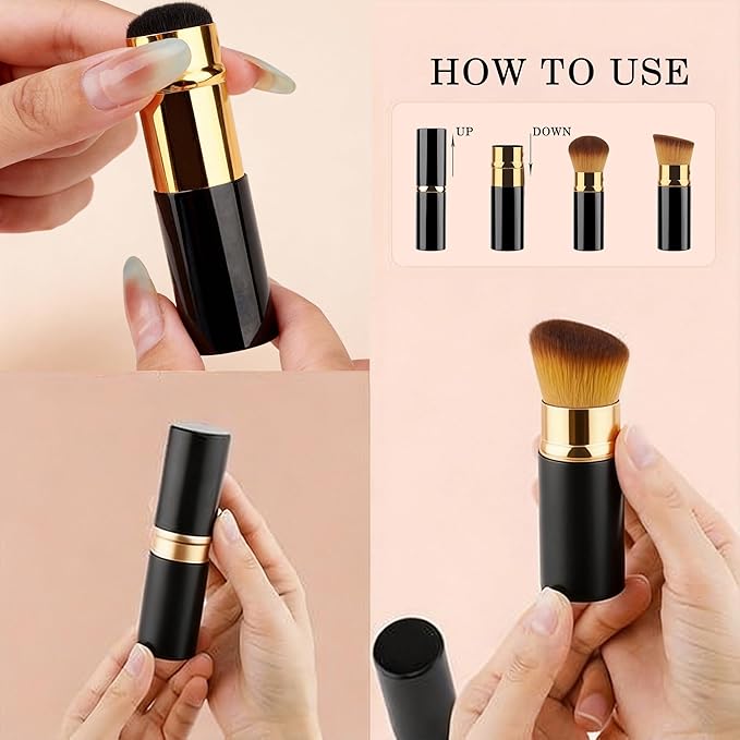 WOKOTO 2 PCS 2-in-1 Retractable Brushes - Nail Art Dust Remover for Acrylic Nails, Round & Angled Makeup Brushes for Foundation & Cream, Black Handle Dust Brush, Travel-Friendly Aluminum Tube