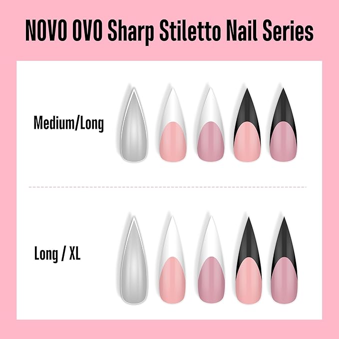 NOVO OVO Sharp Stiletto Pointed Medium Long Nail Tips Press on, Extra Thick Soft Gel Double Matte Clear Fake Nail Extension, Full Cover False Nails for Salon DIY x 16 Sizes 480 pcs