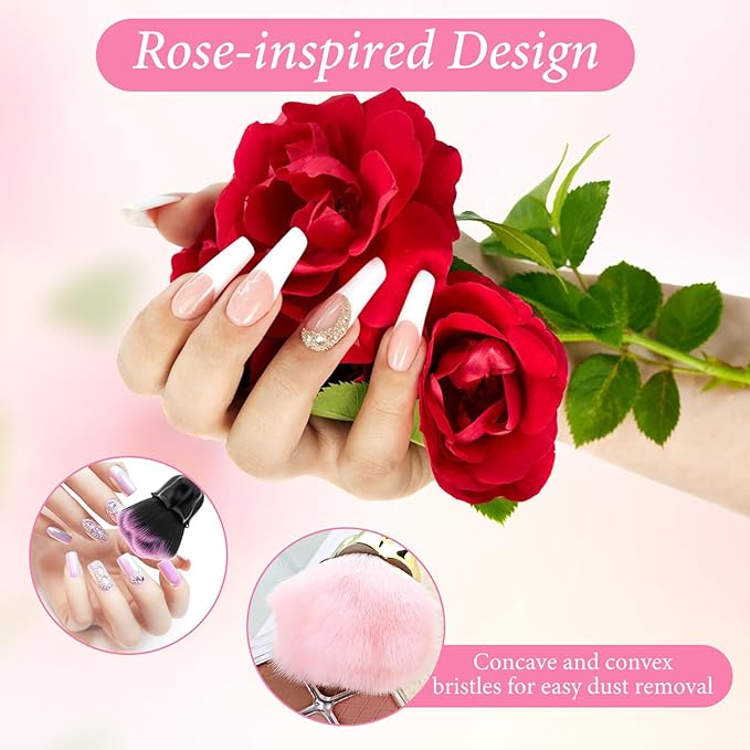 2PCS Nail Dust Brush Powder Remover Large Acrylic Nail Art Dust Brushes Rose-Shaped Fluffy Duster Brush for Nail Dust Collector Trimming Cleaning Makeup Brush Tools Pink Black