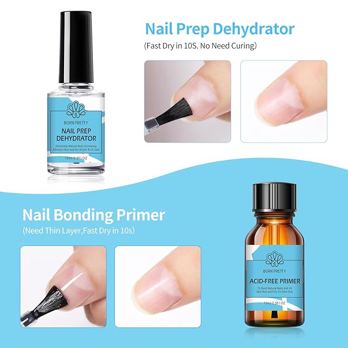 Born Pretty Nail Dehydrator and Nail-Primer, Nail Prep Dehydrator Acid Free Nail-Primer, Cuticle Oil for Nails, Base and Top Gel Coat Nail Supplies Functional Nail Set 5PCS