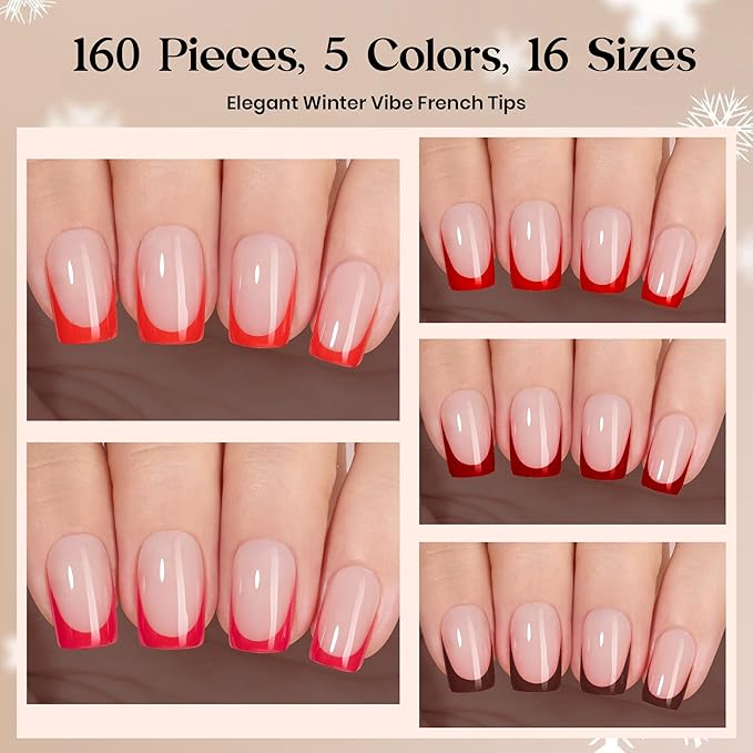 Beetles X Press Red French Tip Press On Nails | 5 Colors Valentine Press On Nails Short Square | 16 Sizes 160 Pcs Natural Salon Quality Soft Gel Nail