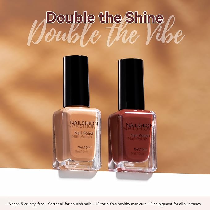 Chocolate Brown Nail Polish, 2 Colors Mocha Mousse Nail Polish Duo Non-Gel, Opaque, Fast Drying, Rich in Castor Oil, Streak Free & Long Lasting Glossy Nail Art