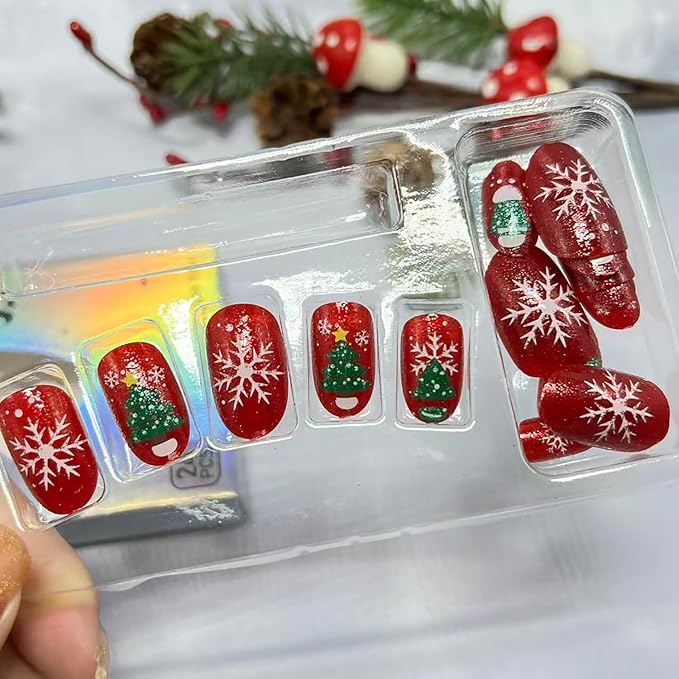 Red Christmas Press on Nails Christmas Trees Elk Snowflake Snowman False Nails Short Oval Xmas Fake Nail Winter Stick on Nail for Women 24 Pcs