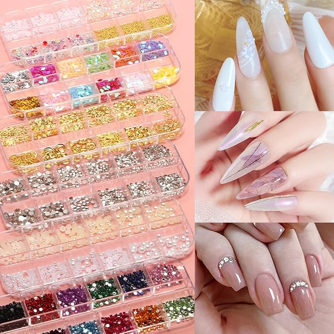 Nail Art Kit Nail Design Tools Kit Nail Art Brushes Set with Nail Stickers Nail Gems Almond Tips Nail Long Coffin False Nail Tips Nail Charms Dotting Tools Chrome Powder Nail Supplies Gifts for Girls