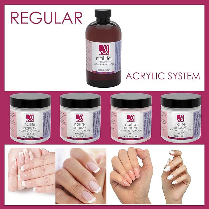 Regular – Professional Acrylic Powder for Nail Extension, Slow Setting System, EMA Formula and Non-Yellowing Effect – White (16 Oz.)