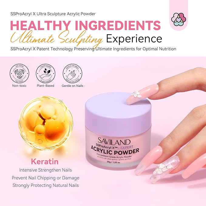 SAVILAND Smoother Pink Acrylic: Strong-Sturdy Keratin Professional Powder for 3D Carving & Extensions Home DIY Nail Art
