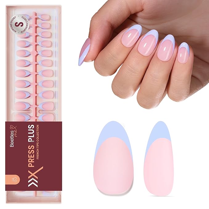 Beetles Blue French Tips Press On Nails, Pastel Spring Press On Nails Short Almond 160 Pcs, Blue Fake Nail Tips Soft Nail Gel False Nails Art DIY For Women