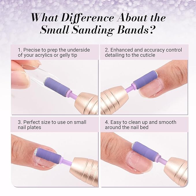MelodySusie 50 Pcs Nail Drill Bits Small Sanding Bands with 3.1mm Mandrel Bit, 240 Extreme Fine Grit Nail File for Acrylic Nails Gel Manicures and Pedicure, Purple