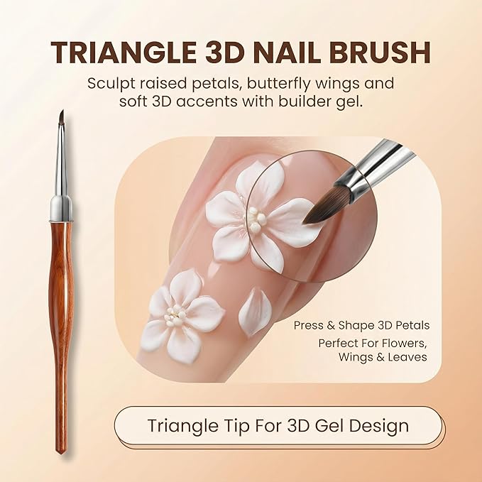 2Pcs Nail Art Brush Set, Multi-Functional 3D Nail Pen for Gel Extensions, Builder Nail Gel Design and Home DIY Manicure (Wood Color)