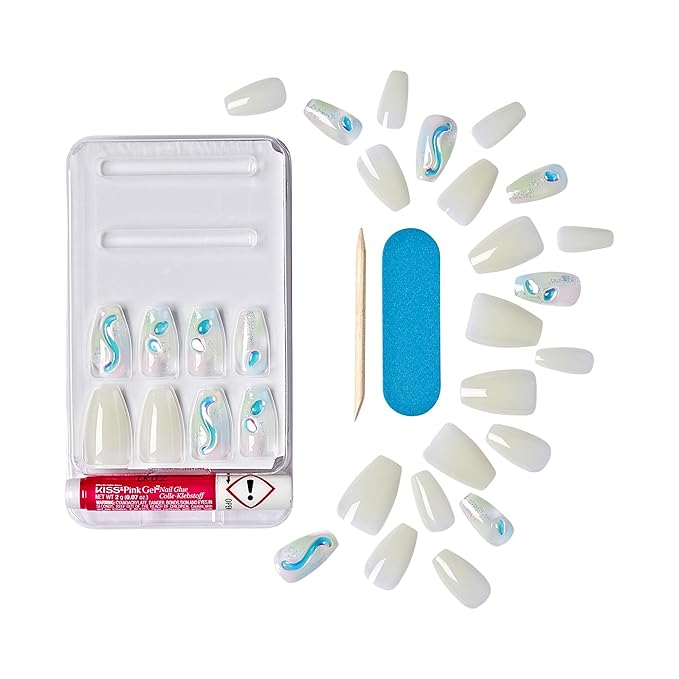 KISS Gel Fantasy Allure Press On Nails, Ready to Wear, 3D Design, Waterproof, Pink Gel Nail Glue 0.07 Oz. (2g), Manicure Stick & Mini File, 28 Count