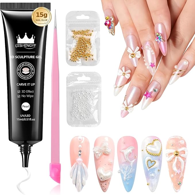 Clear 3d Nail Gel,Multifunctional 15g Pearl 3D Sculpting Nail Gel No Wipe Craving 5D Embossed 3D Nail for Carving,Molding and Painting Art Designs,Rhinestone Glue for Gems Decoratio