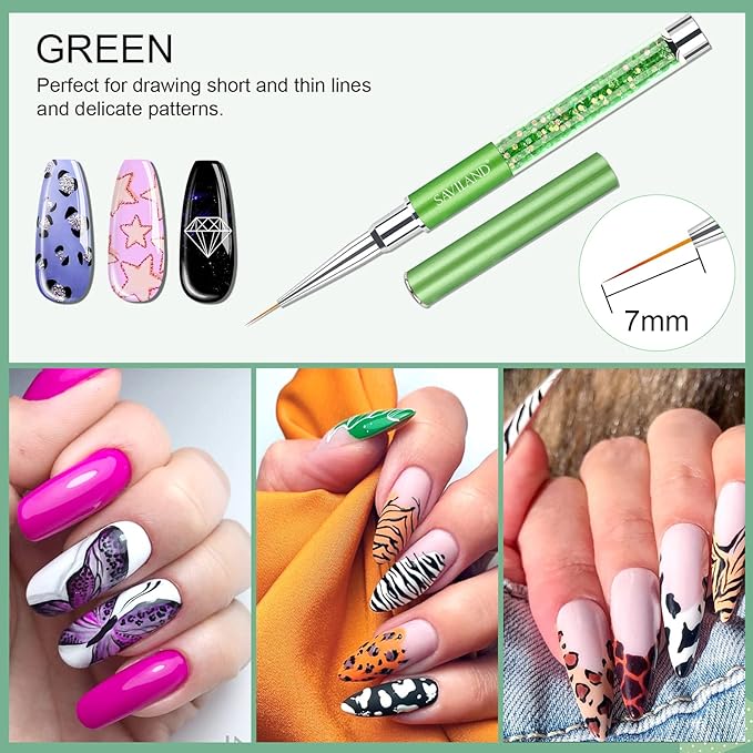 Saviland 6pcs Nail Art Liner Brushes Set: Nail Gel Polish Painting Nail Art Design Brush Pen Set with Crushed Diamond Rhinestones Handle for Pulling Lines, Sizes 7/9/11/13/17/23 mm, Christmas Gifts
