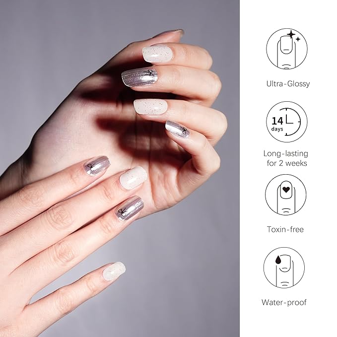 DANNI & TONI Semi Cured Gel Nail Strips Bowknot Silver Mirror Gel Nail Wraps UV Nails 28 Stickers Gift for Women | Silver Embrace