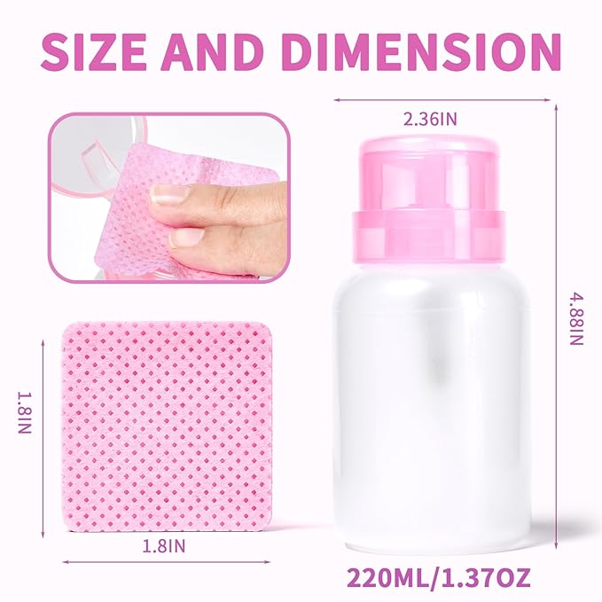 400pcs Lint Free Nail Wipes Kit - Pink Gel Nail Polish Remover Wipes with 1pcs Nail Polish Remover Pump SHEERBLISS Lash Extensions Glue Cleaning Wipes with Empty Lockable Acetone Pump Dispenser 220ml