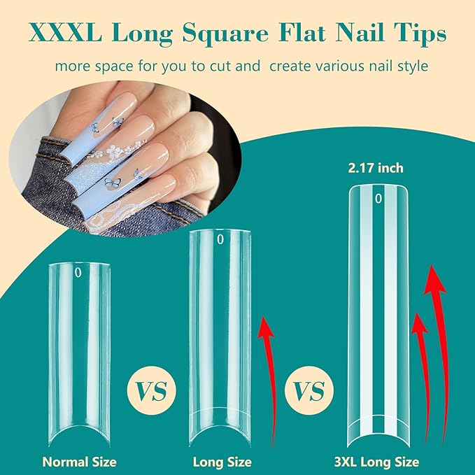 LIONVISON 504PCS NO C CURVE Clear Nail Tips for Acrylic Nails Professional, 3XL Extra Long Flat Tapered Square Nail Tips, 12 Sizes Half Cover Straight French Fake Nail Tips for Nail Salons (With Bag)
