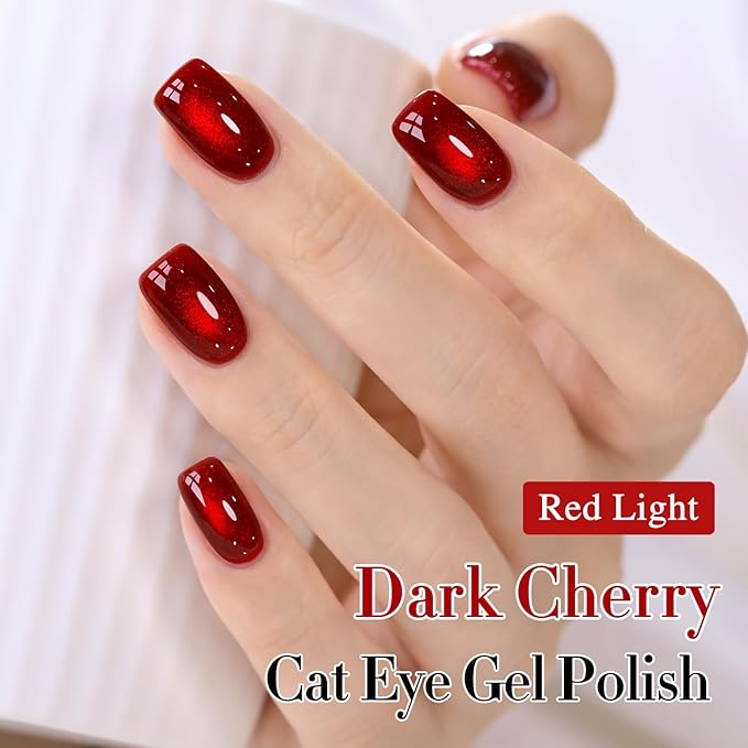 Double Rhythm 15ML Ice Glass Cat Eye Gel Polish with Magnet Holographic Glitter Shimmer Translucent Sheer Color Salon Soak Off Magnetic Nail at Home (Dark Cherry-MC1295)
