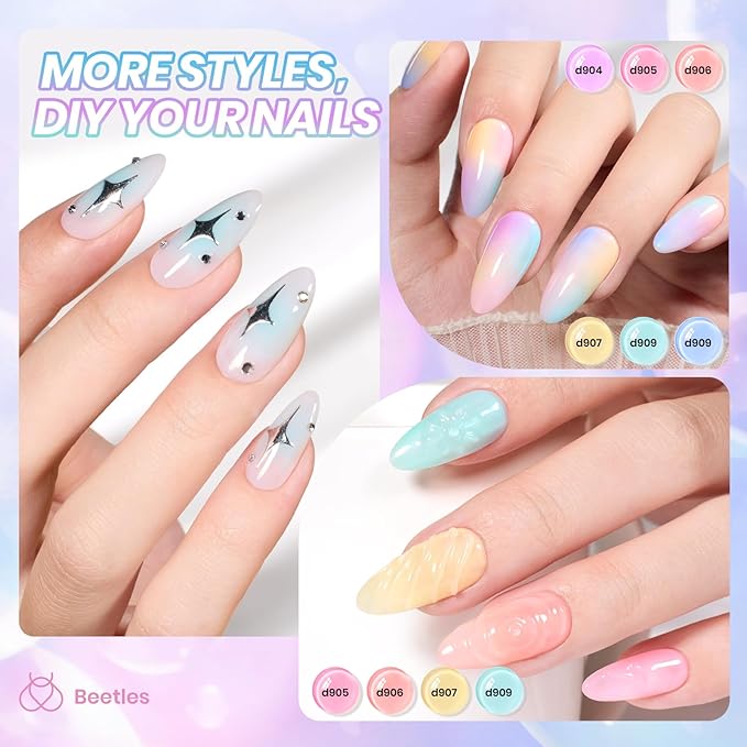 Beetles Pastel Gel Nail Polish Set - 6 Colors Spring Jelly Gel Polish Kit Pink Blue Purple Orange Yellow Green Sheer Translucent Effect Soak Off UV Macaron Dream Nail Art DIY Gift for Women